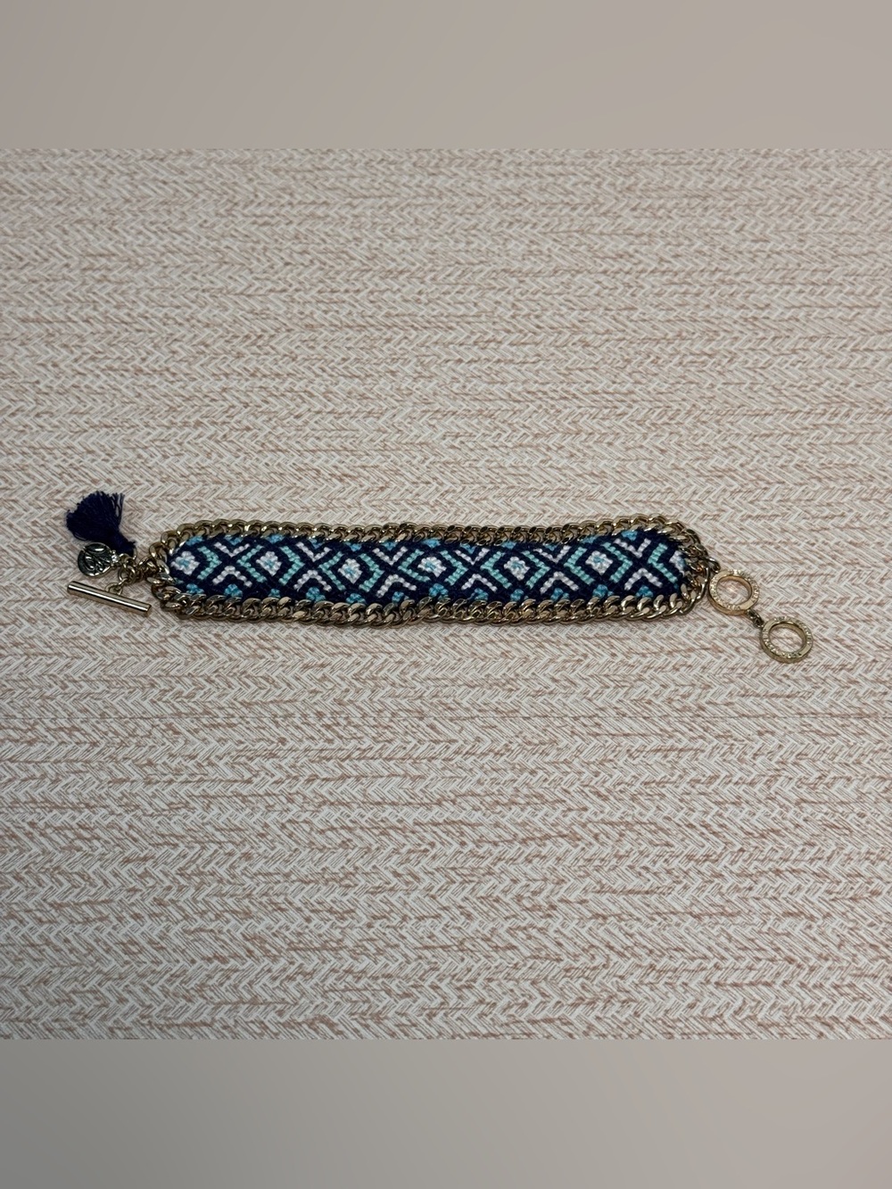 Vera Bradley Charm Bracelet Navy Geometric Fabric Gold Chain Toggle Clasp